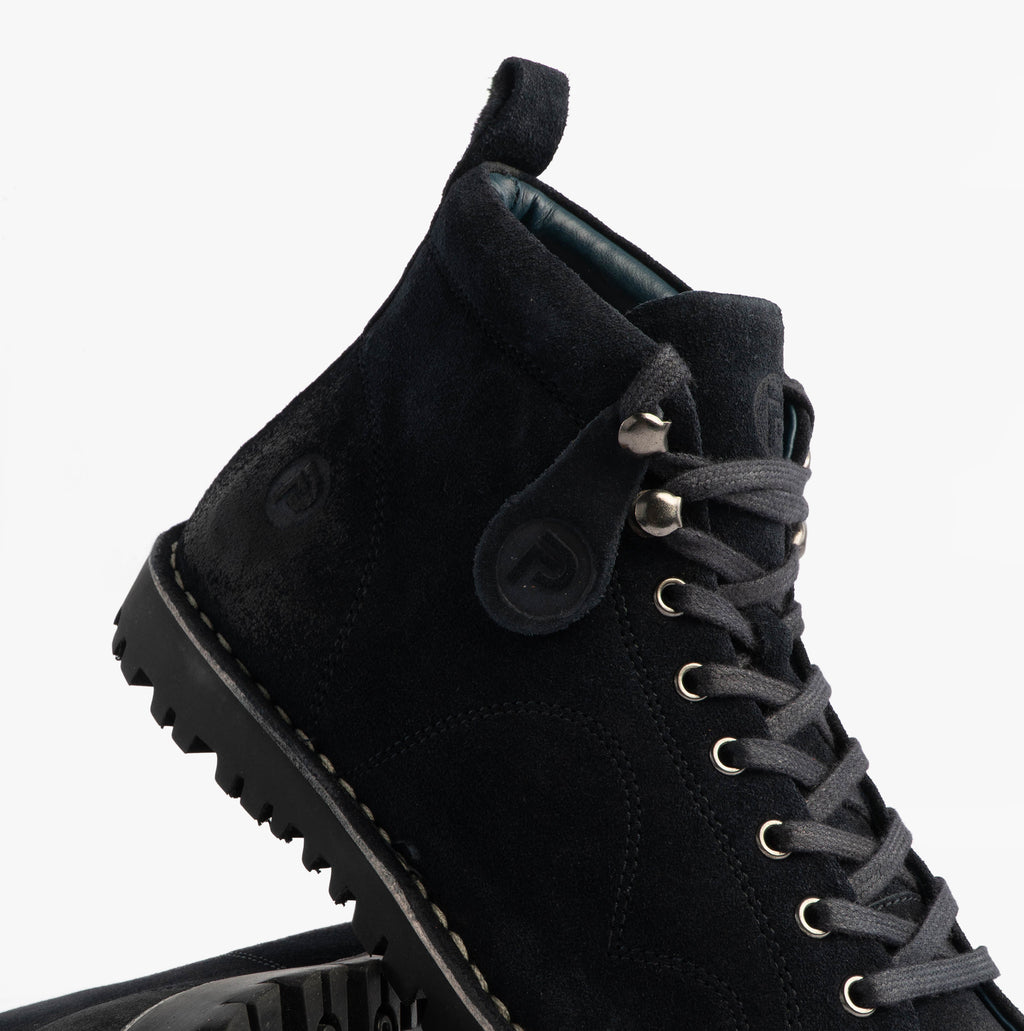 Popps 1961 MOD Mens Suede Monkey Boots in Navy, close-up of the lacing and chunky sole edge