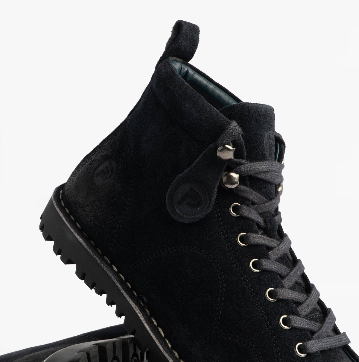 Popps 1961 MOD Mens Suede Monkey Boots in Navy, close-up of the lacing and chunky sole edge