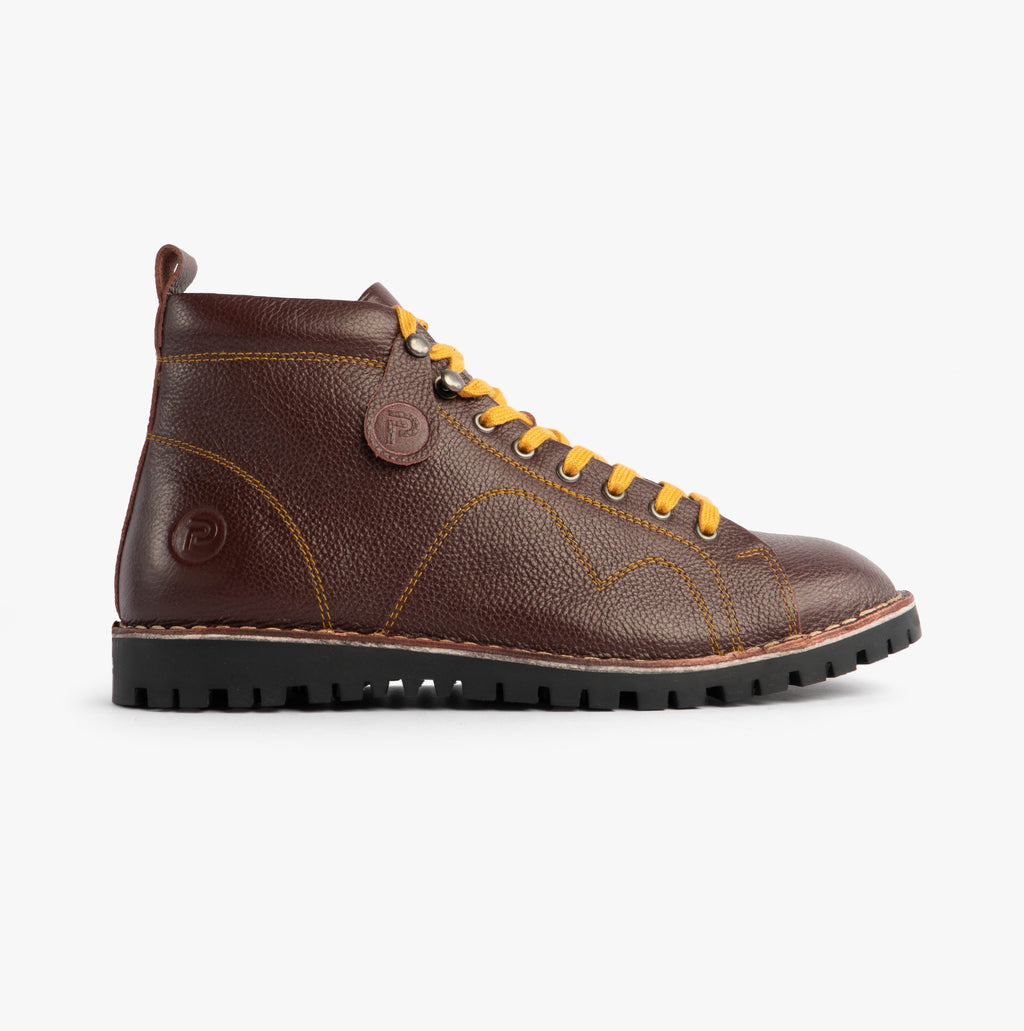 Popps 1961 MOD Mens Leather Monkey Boots in Oxblood, side view showing the yellow laces