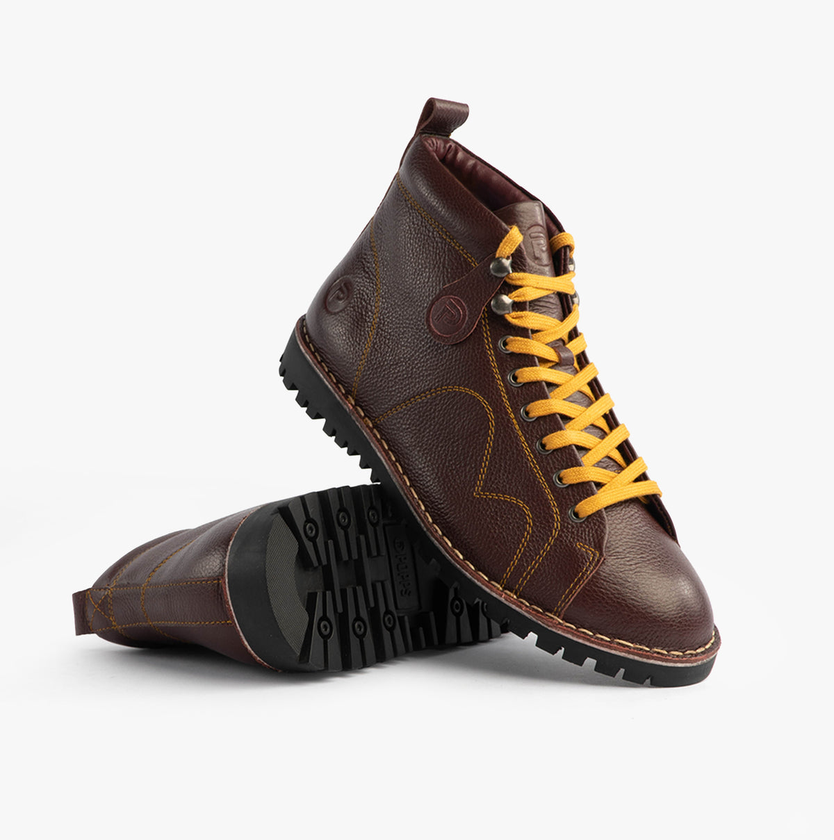 Popps 1961 MOD Mens Leather Monkey Boots in Oxblood, pair with one boot turned to show the tread sole