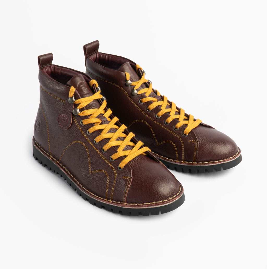 Popps 1961 MOD Mens Leather Monkey Boots in Oxblood, pair shown at a front angle with yellow laces