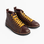 Popps 1961 MOD Mens Leather Monkey Boots in Oxblood, pair shown at a front angle with yellow laces