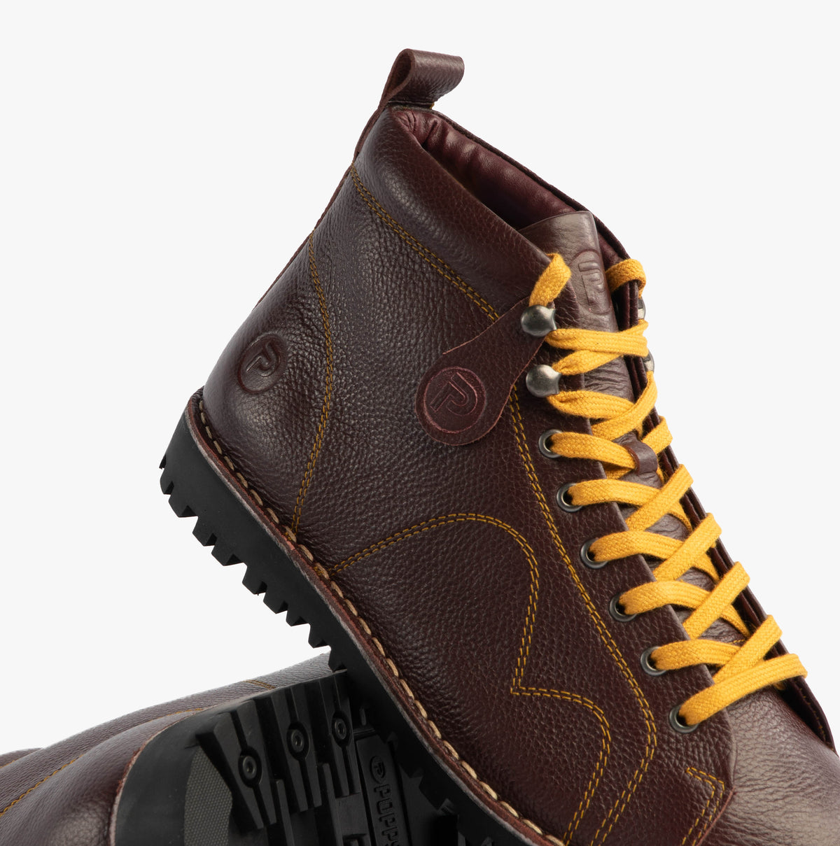 Popps 1961 MOD Mens Leather Monkey Boots in Oxblood, close-up of the yellow laces and stitching