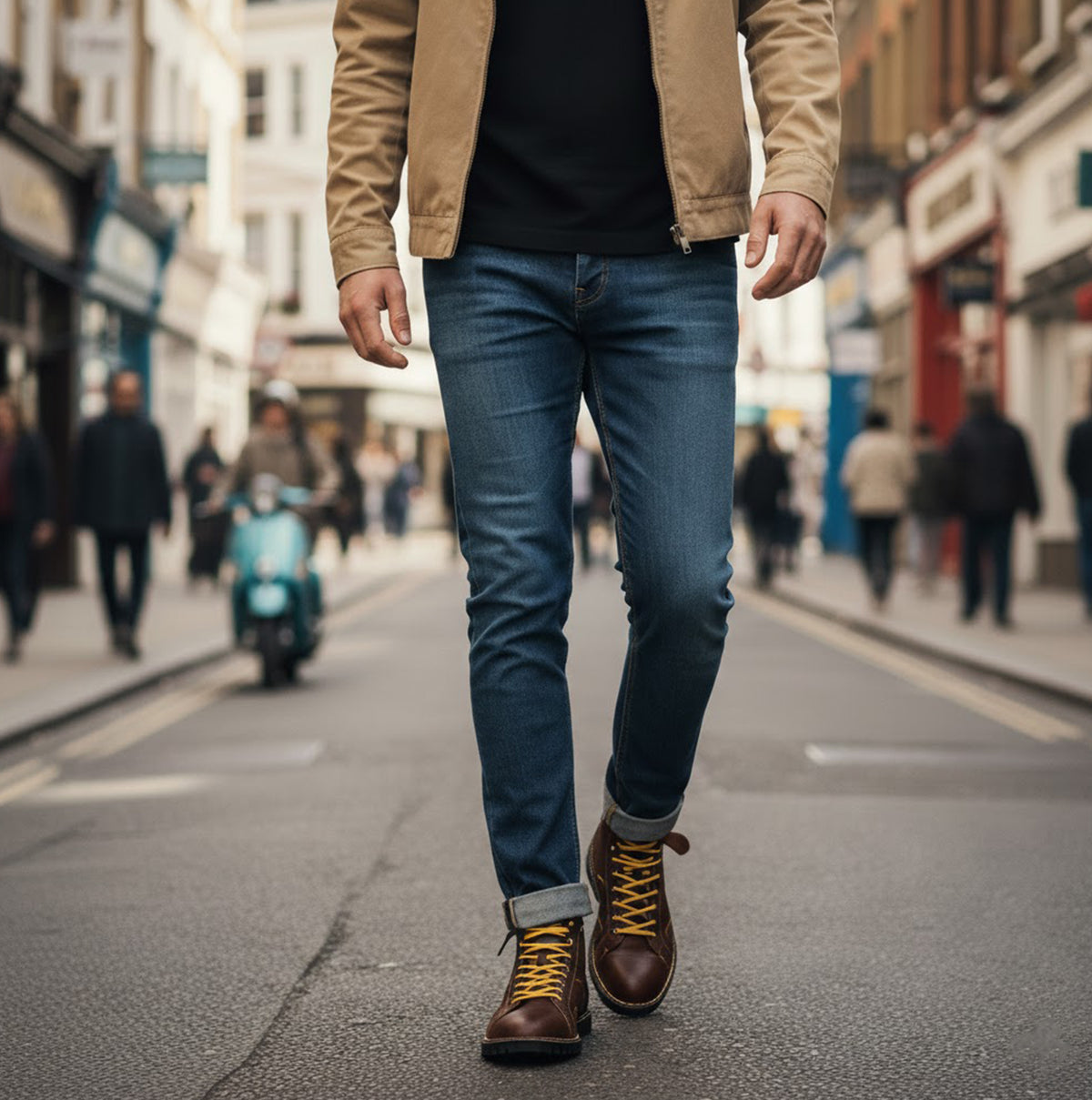 Popps 1961 MOD Mens Leather Monkey Boots in Oxblood, worn with blue jeans on a busy city street