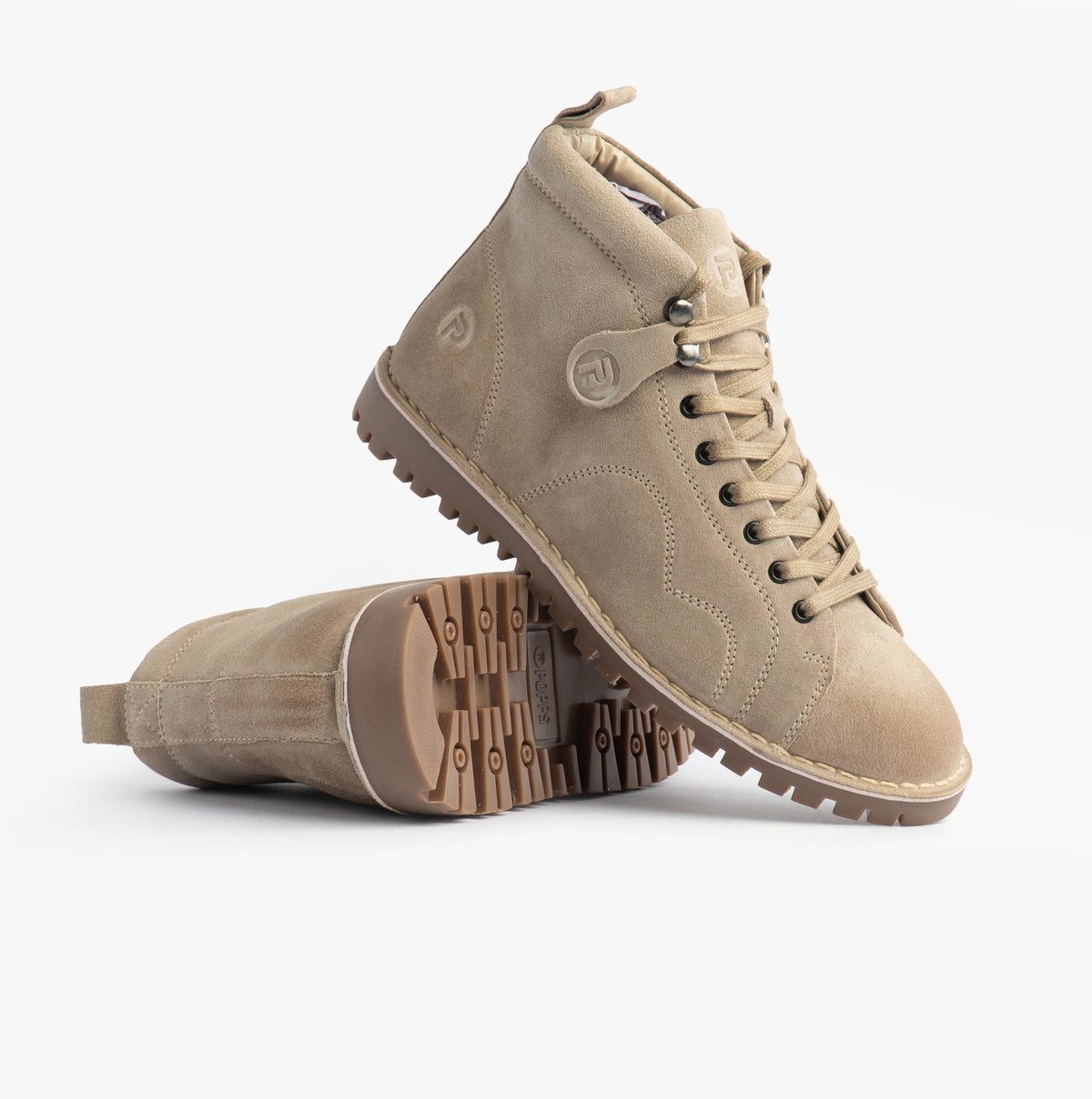 Popps 1961 MOD Mens Suede Monkey Boots in Sand, pair with one boot turned to show the tread sole