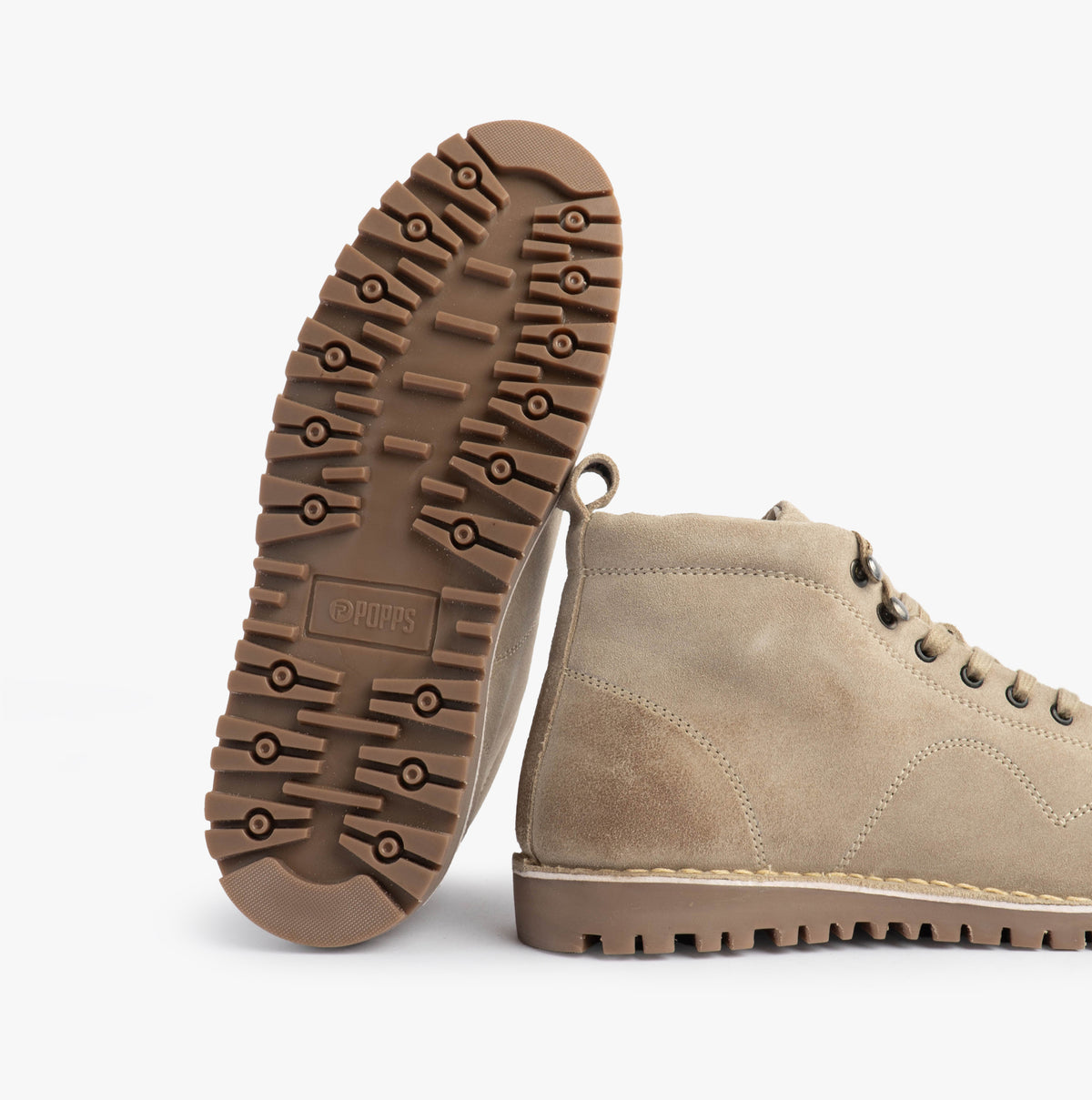 Popps 1961 MOD Mens Suede Monkey Boots in Sand, tread sole with the other boot beside it