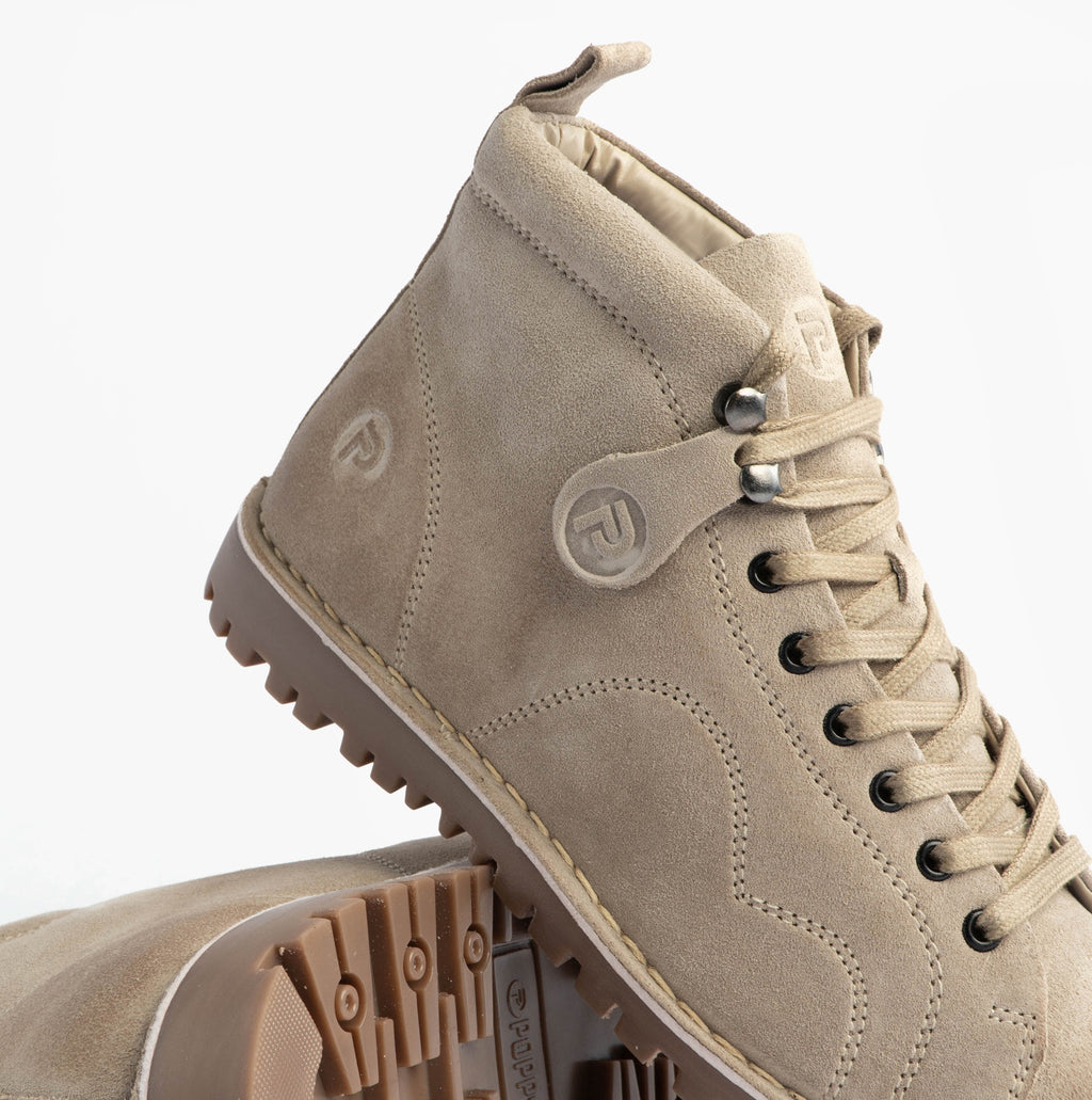 Popps 1961 MOD Mens Suede Monkey Boots in Sand, close-up of the lacing and side button