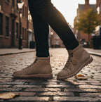 Popps 1961 MOD Mens Suede Monkey Boots in Sand, worn with dark trousers on a cobbled street