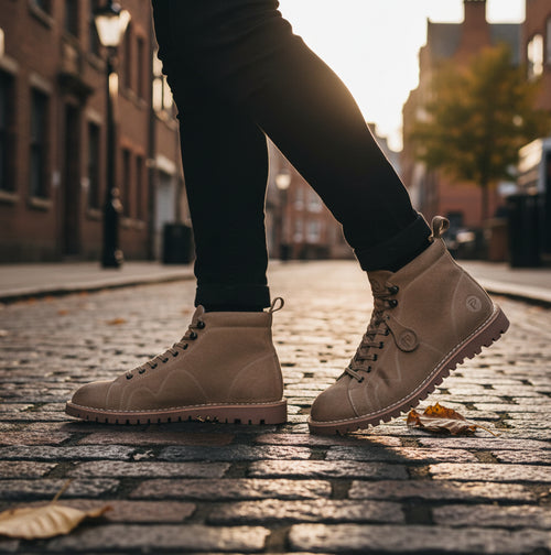 Popps 1961 MOD Mens Suede Monkey Boots in Sand, worn with dark trousers on a cobbled street