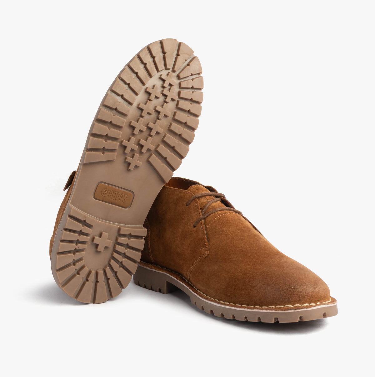 Popps COOPER Mens Desert Boots in Cognac, one boot turned to show the chunky tread sole