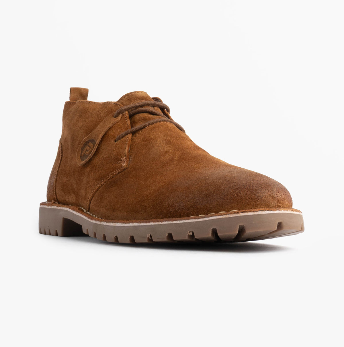Popps COOPER Mens Desert Boots in Cognac, single boot at a front angle showing the lacing