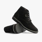 Popps RANGER Mens Desert Boots in Black, pair with one boot tilted to show the sole edge