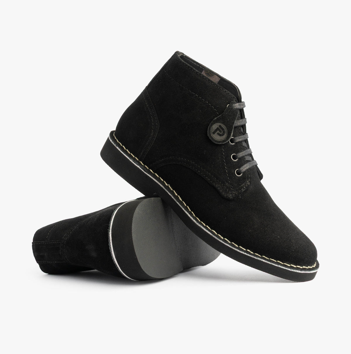 Popps RANGER Mens Desert Boots in Black, pair with one boot tilted to show the sole edge