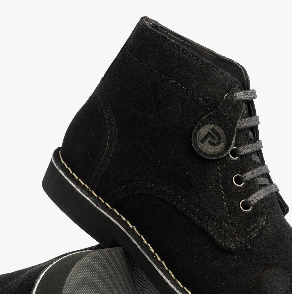 Popps RANGER Mens Desert Boots in Black, close-up of the lacing, side tab and sole edge