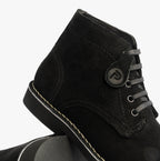 Popps RANGER Mens Desert Boots in Black, close-up of the lacing, side tab and sole edge