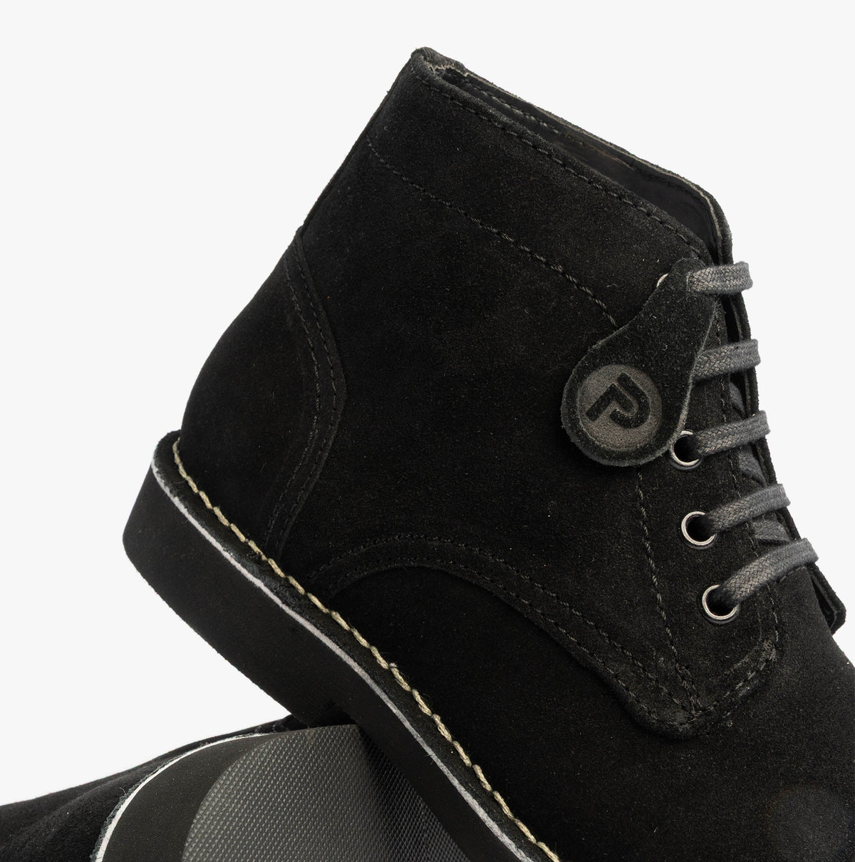 Popps RANGER Mens Desert Boots in Black, close-up of the lacing, side tab and sole edge