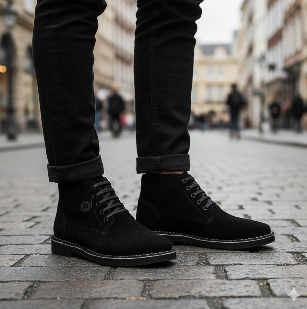 Popps RANGER Mens Desert Boots in Black, worn with black jeans on a cobbled street