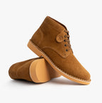 Popps RANGER Mens Desert Boots in Cognac, pair with one boot tilted to show the sole edge