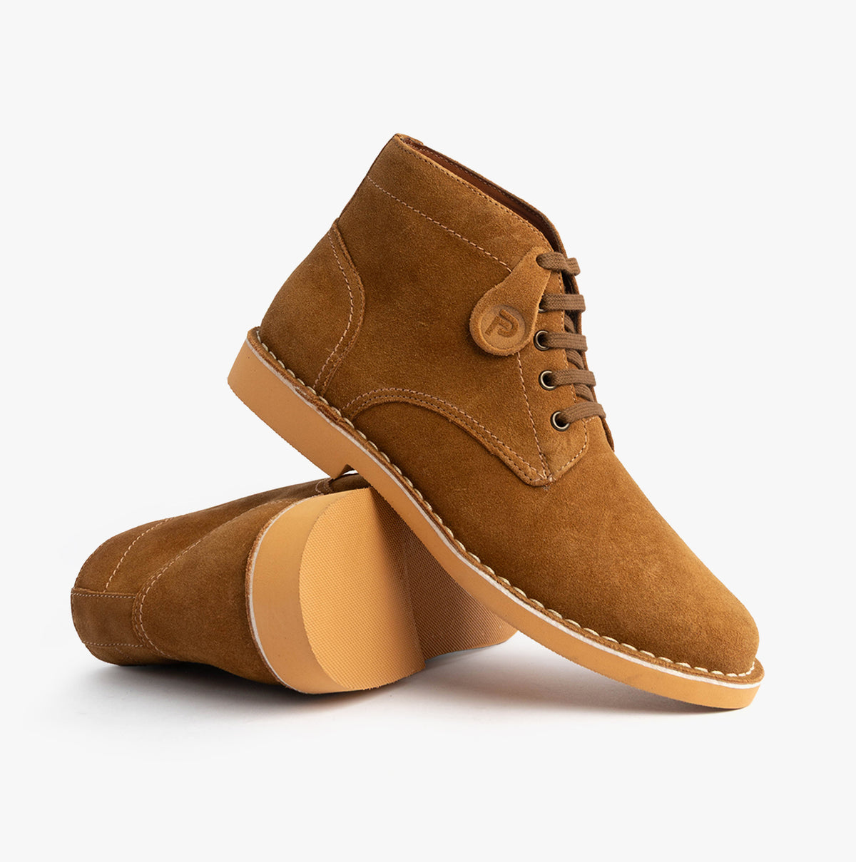 Popps RANGER Mens Desert Boots in Cognac, pair with one boot tilted to show the sole edge