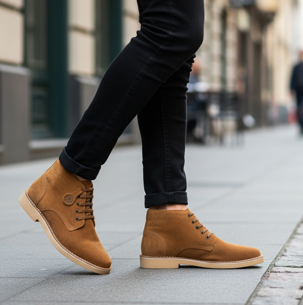 Popps RANGER Mens Desert Boots in Cognac, worn with black jeans on a pavement