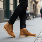 Popps RANGER Mens Desert Boots in Cognac, worn with black jeans on a pavement