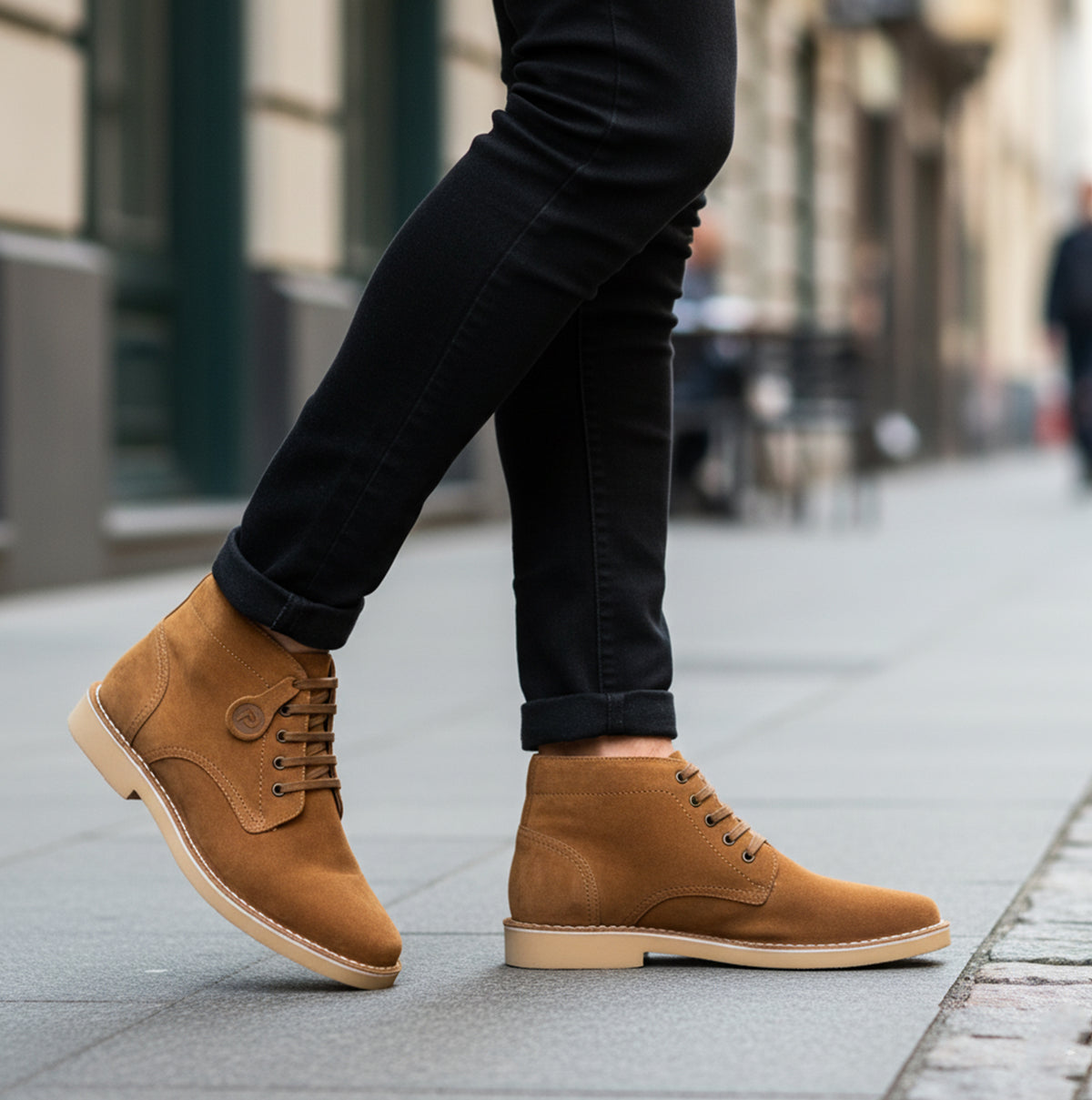 Popps RANGER Mens Desert Boots in Cognac, worn with black jeans on a pavement