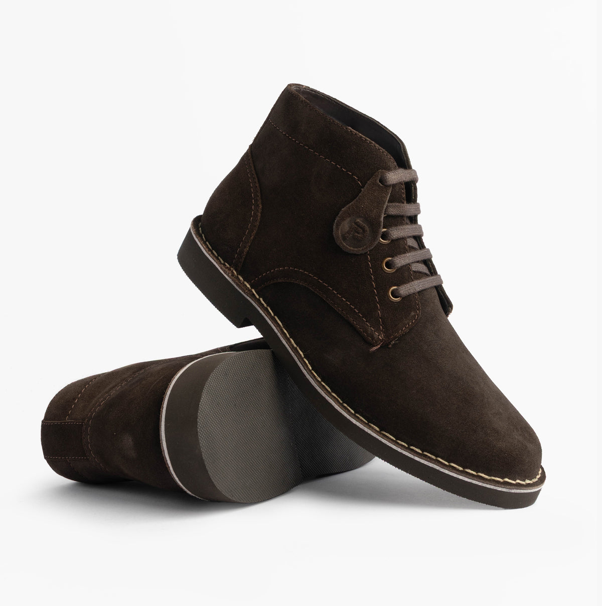 Popps RANGER Mens Desert Boots in Dark Brown, pair shown side on with sole in view