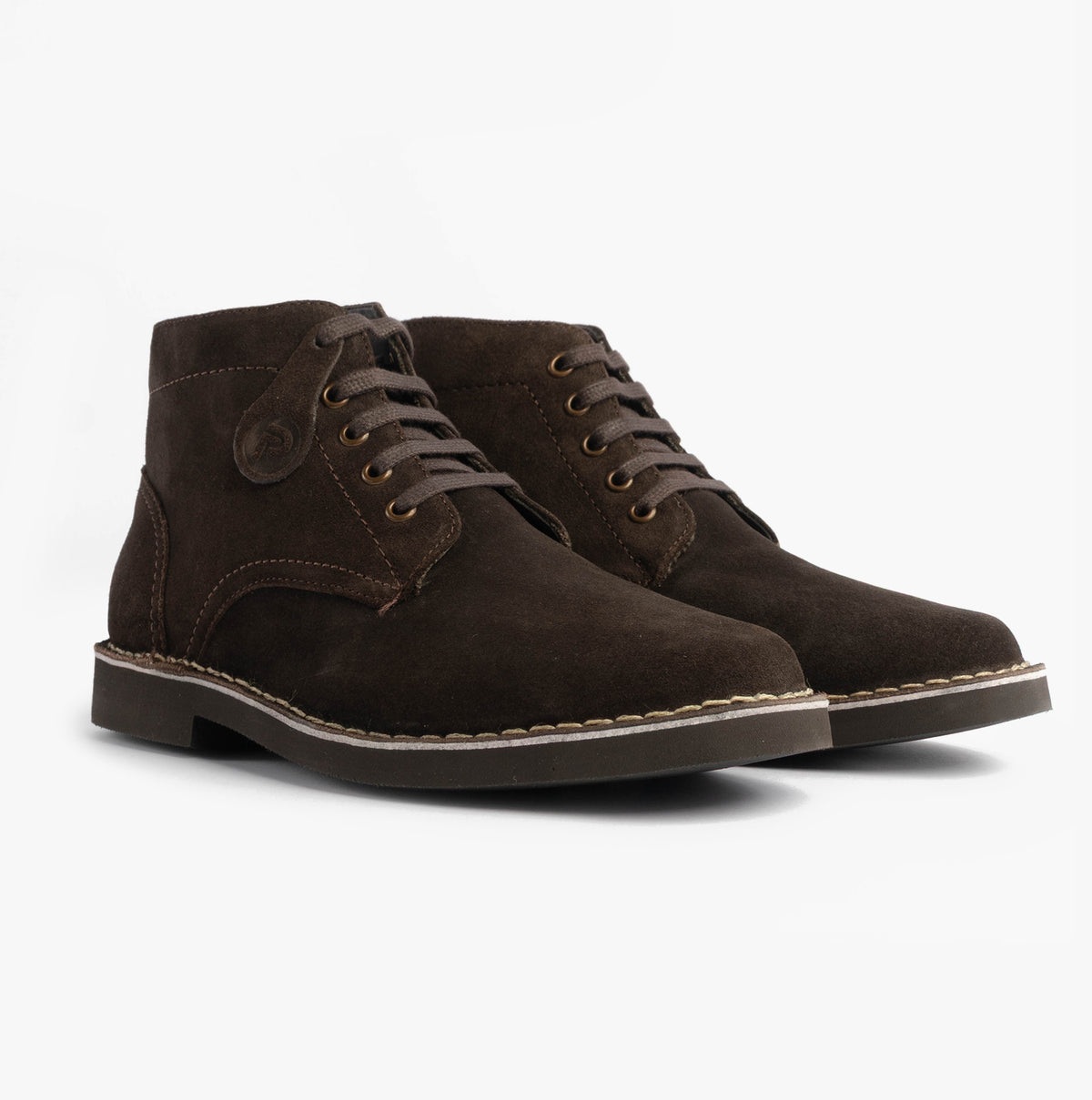 Popps RANGER Mens Desert Boots in Dark Brown, pair shown at a front angle