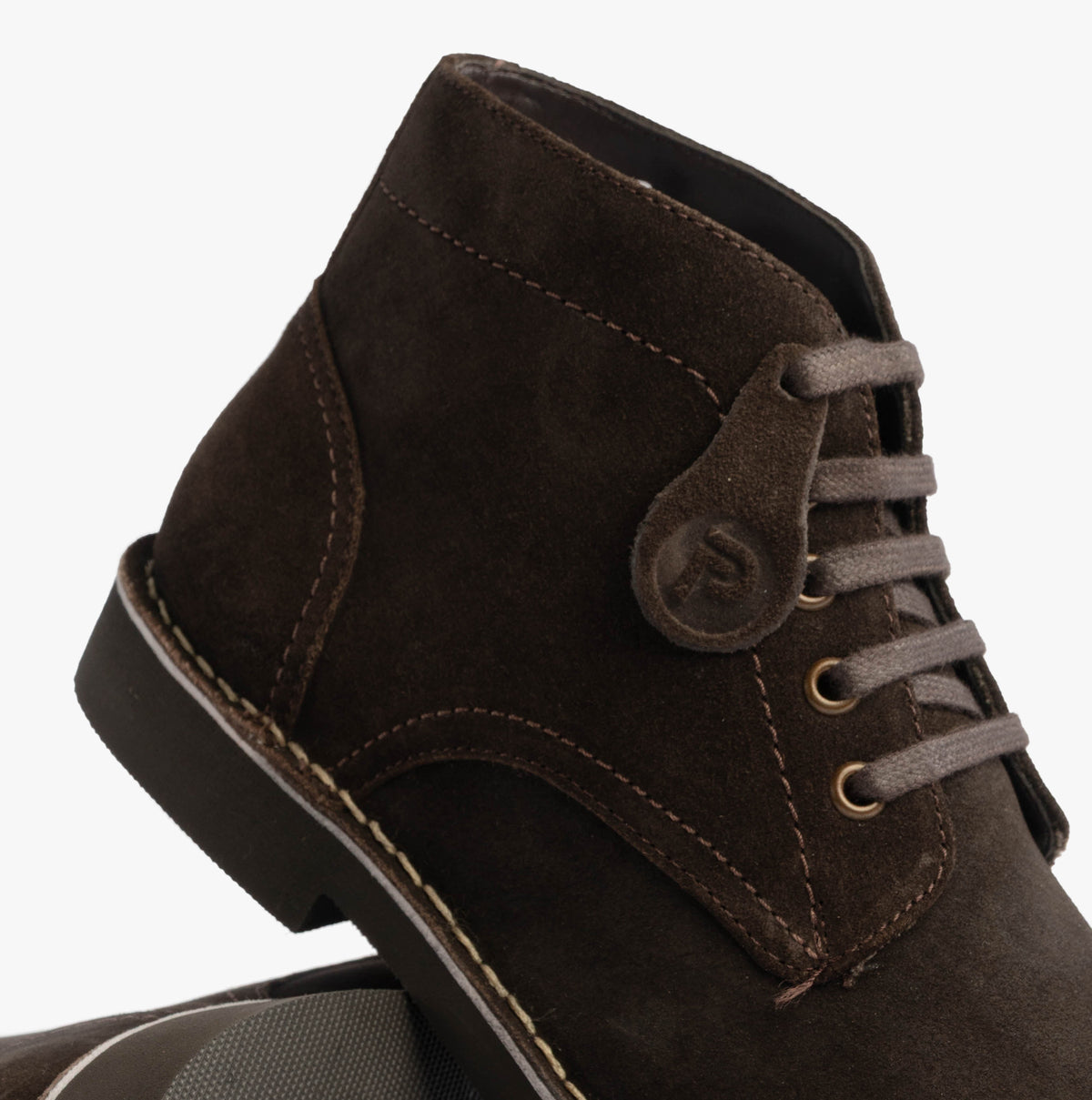 Popps RANGER Mens Desert Boots in Dark Brown, close-up of the lacing and branded tab