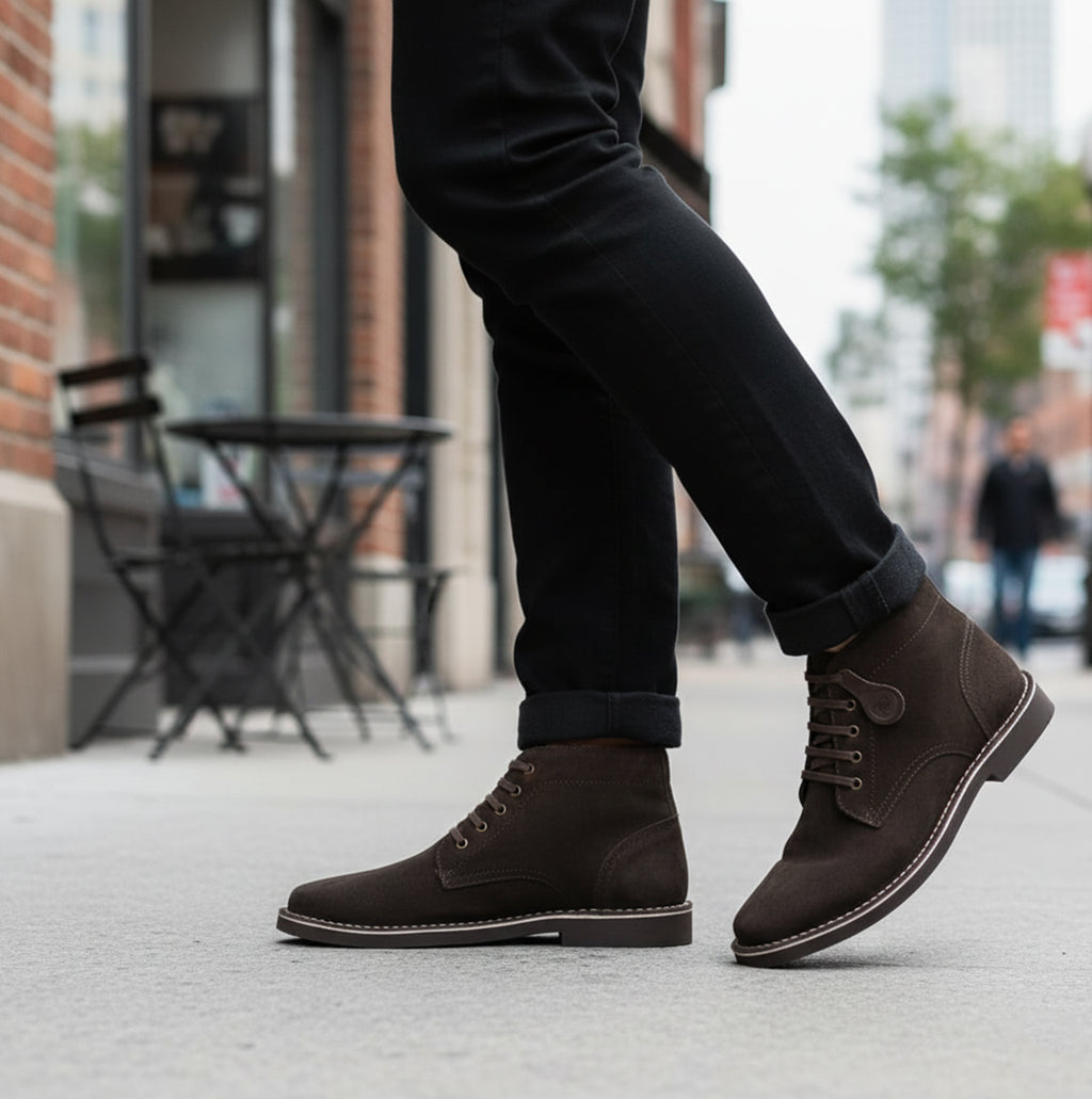 Popps RANGER Mens Desert Boots in Dark Brown, worn with jeans on a city street