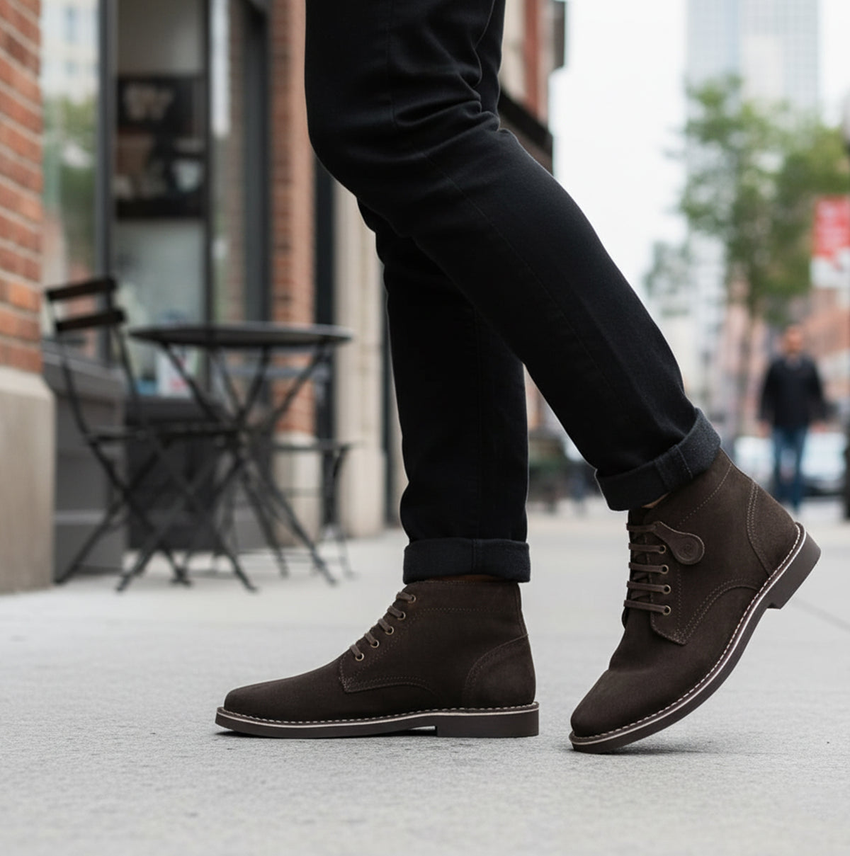 Popps RANGER Mens Desert Boots in Dark Brown, worn with jeans on a city street