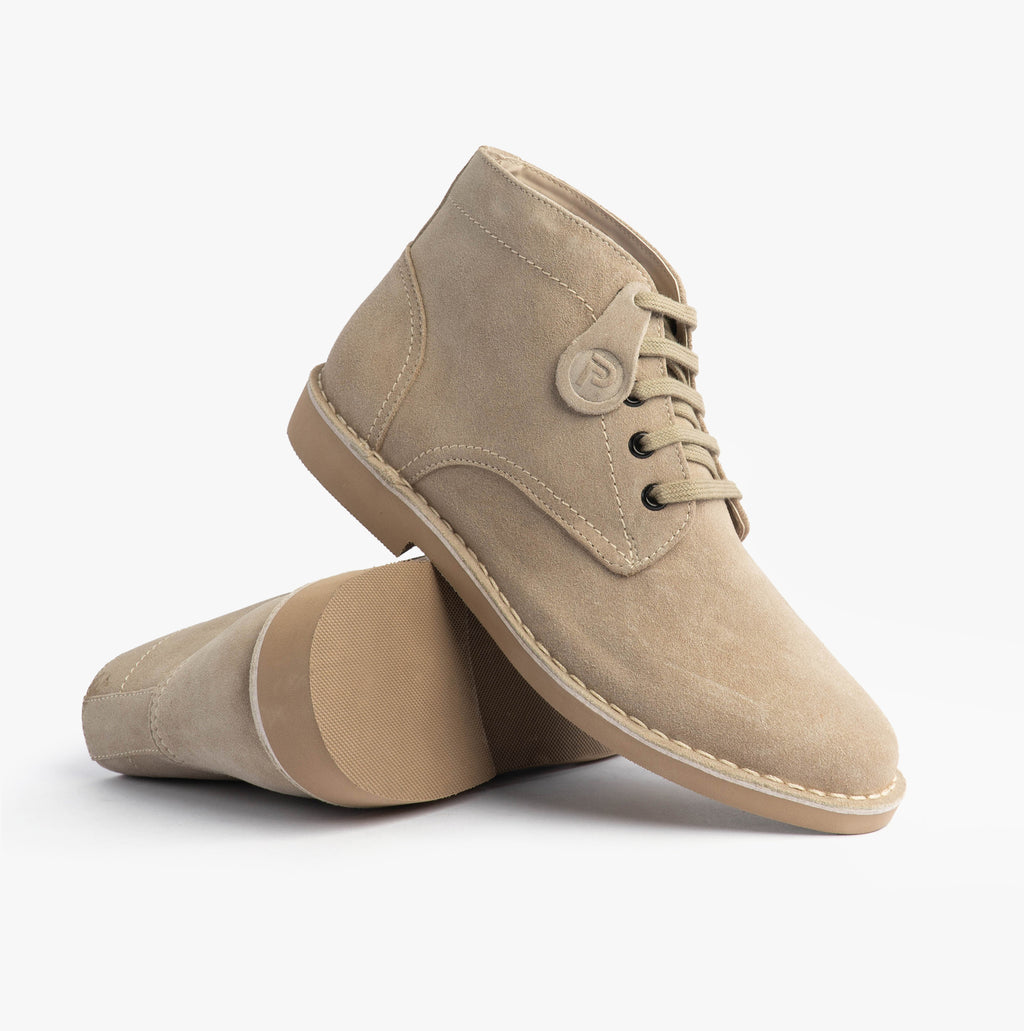 Popps RANGER Mens Desert Boots in Taupe, pair with one boot tilted to show the sole edge