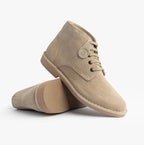 Popps RANGER Mens Desert Boots in Taupe, pair with one boot tilted to show the sole edge