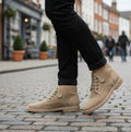 Popps RANGER Mens Desert Boots in Taupe, worn with black jeans on a cobbled street