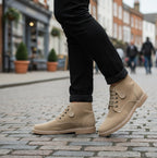 Popps RANGER Mens Desert Boots in Taupe, worn with black jeans on a cobbled street
