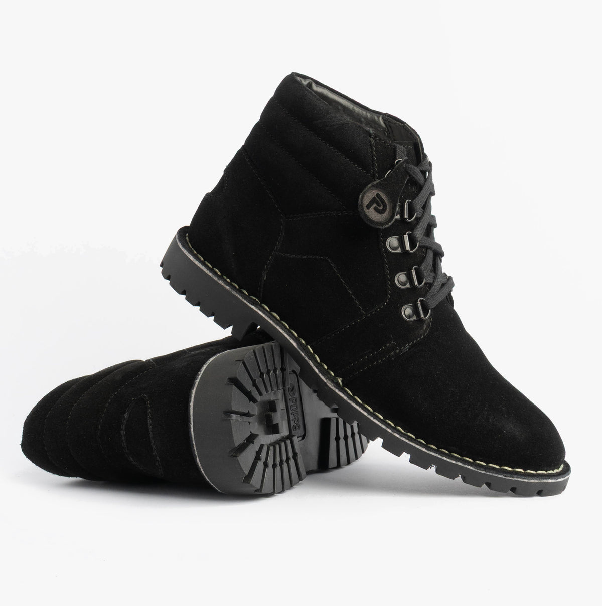 Popps TROOPER Mens Desert Boots in Black, single boot at a front angle beside the other boot sole