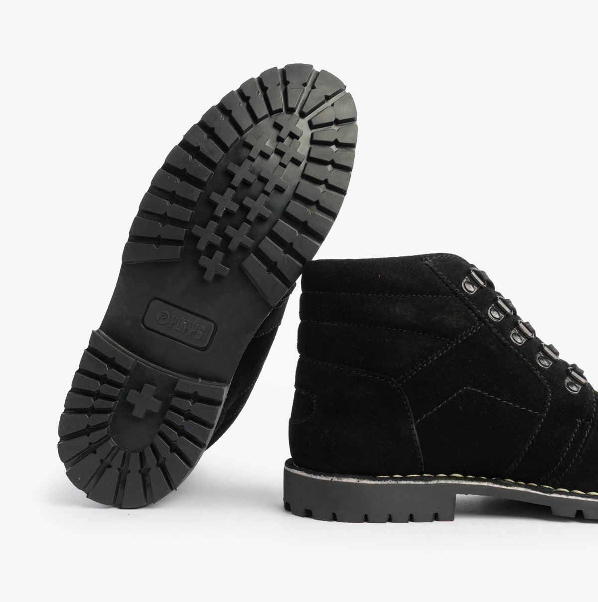 Popps TROOPER Mens Desert Boots in Black, one boot turned to show the chunky tread sole