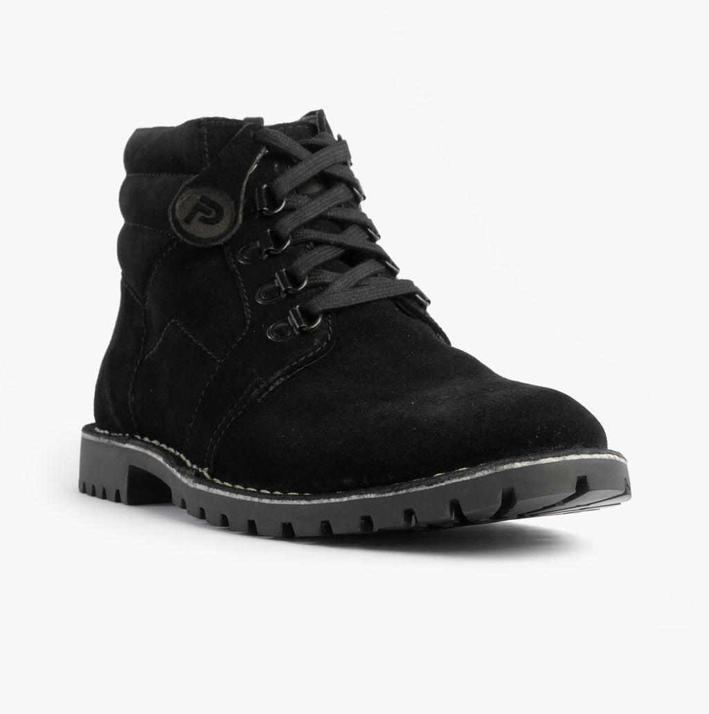 Popps TROOPER Mens Desert Boots in Black, single boot at a front angle showing the hook and eyelet lacing