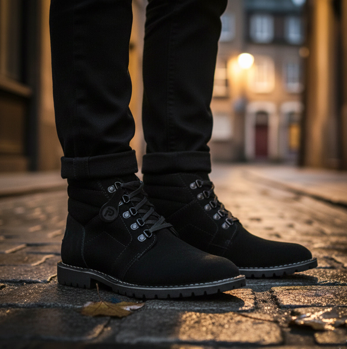 Popps TROOPER Mens Desert Boots in Black, worn with black trousers on a wet cobbled street