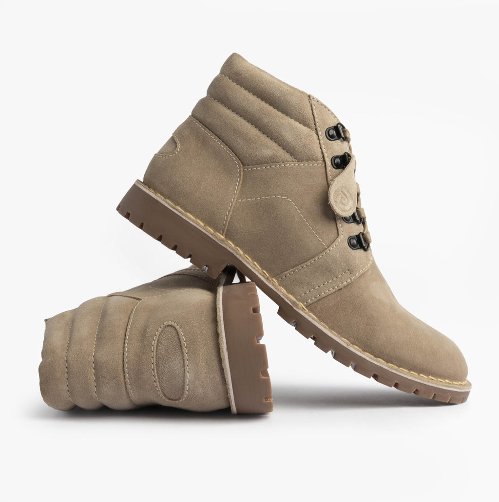 Popps TROOPER Mens Desert Boots in Taupe, pair with one boot tilted to show the sole edge