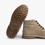 Popps TROOPER Mens Desert Boots in Taupe, one boot turned to show the chunky tread sole