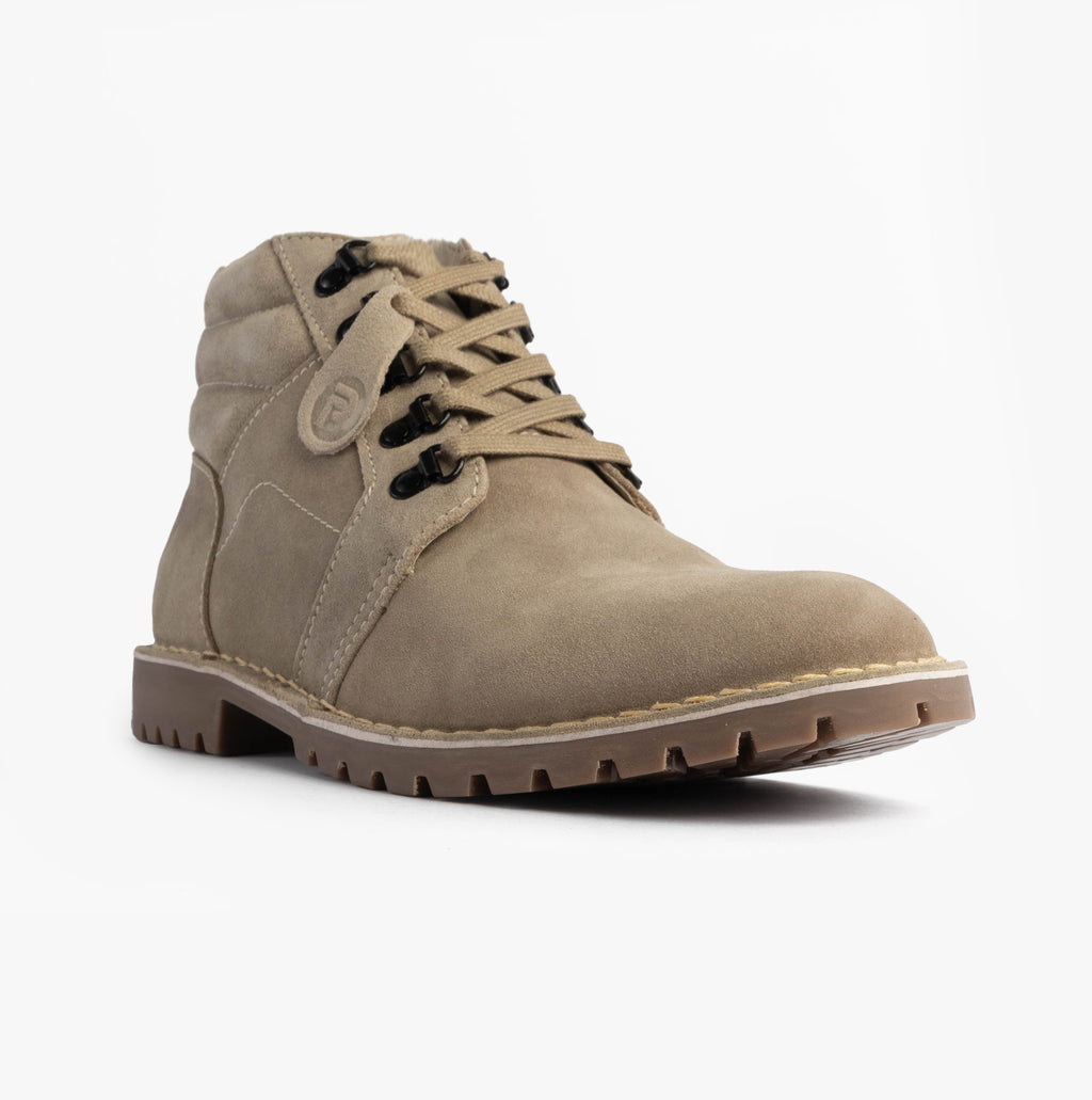 Popps TROOPER Mens Desert Boots in Taupe, single boot at a front angle showing the hook and eyelet lacing