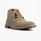 Popps TROOPER Mens Desert Boots in Taupe, single boot at a front angle showing the hook and eyelet lacing