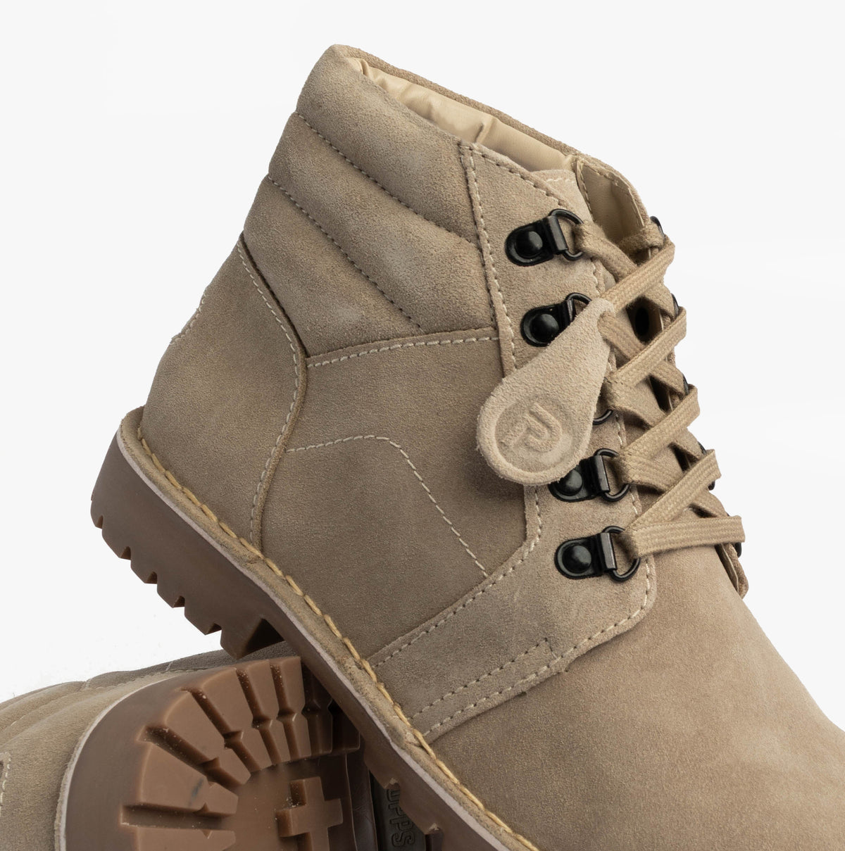 Popps TROOPER Mens Desert Boots in Taupe, close-up of the lace hooks and eyelets