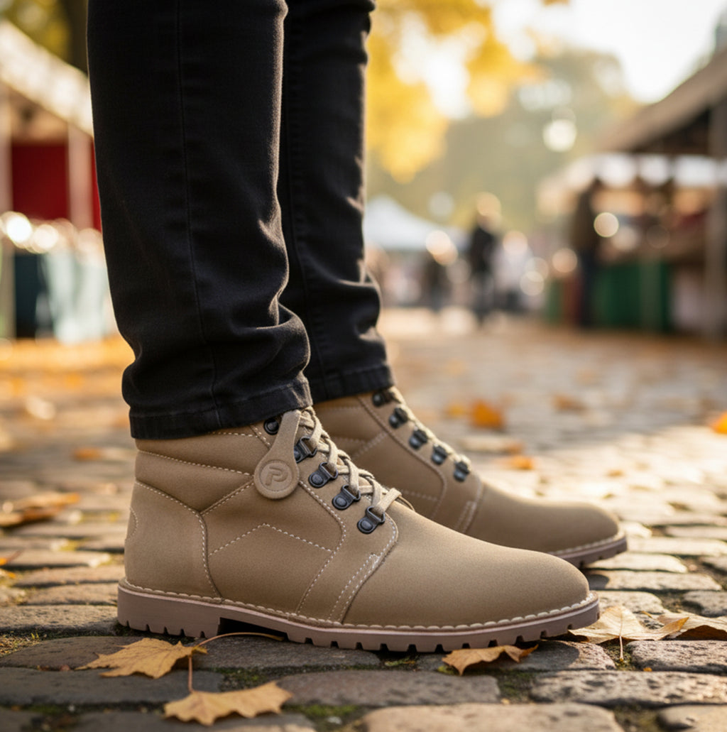 Popps TROOPER Mens Desert Boots in Taupe, worn with dark trousers on a cobbled street
