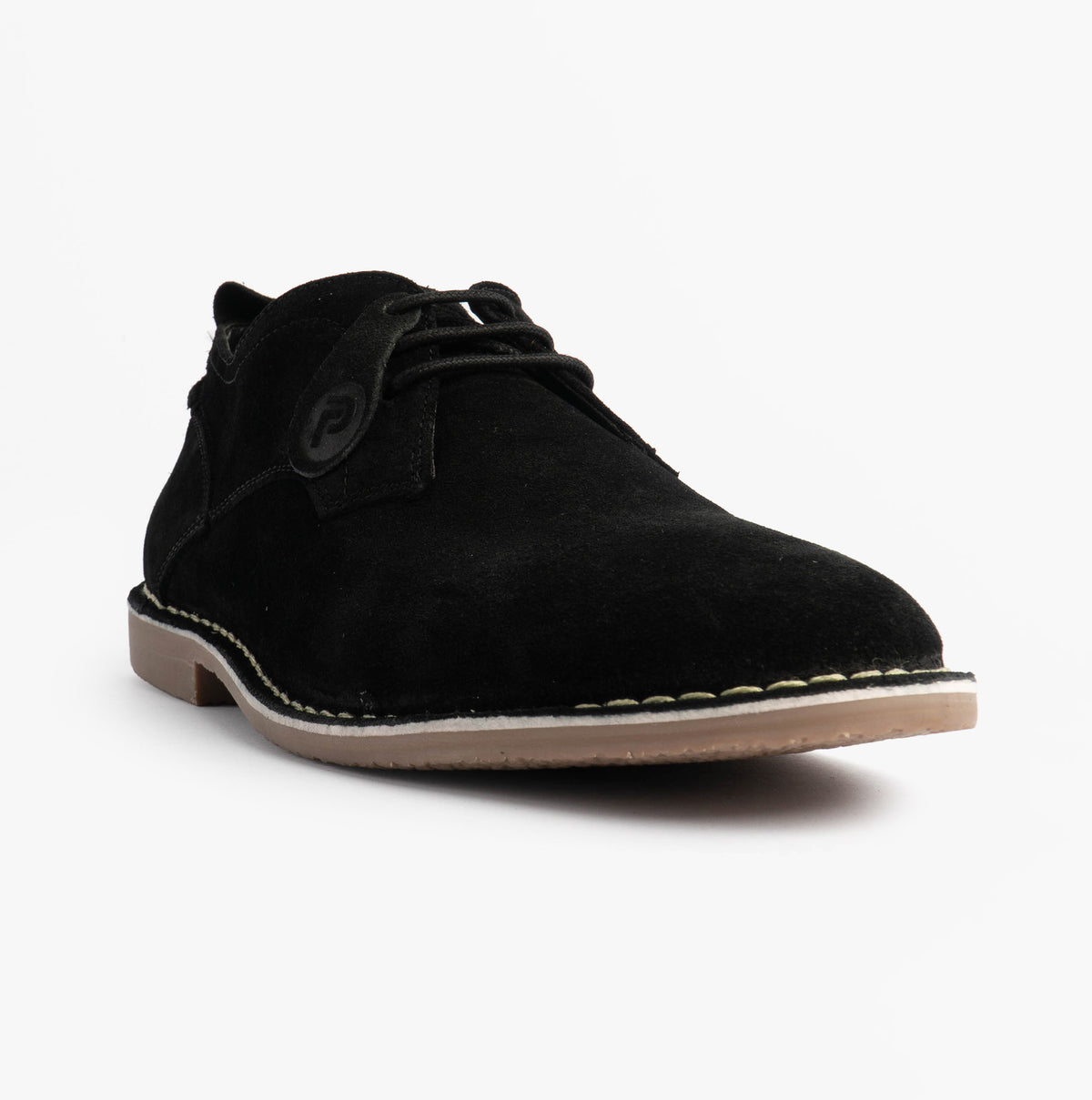 Popps JONAS Mens Suede Desert Shoes in Black, single shoe at a front angle
