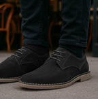 Popps JONAS Mens Suede Desert Shoes in Black, worn with dark jeans