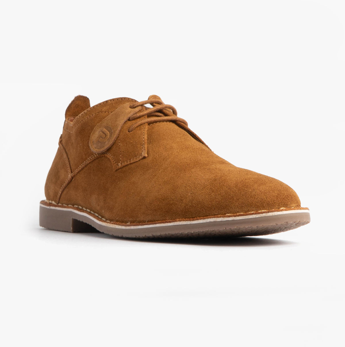 Popps JONAS Mens Suede Desert Shoes in Cognac, single shoe at a front angle