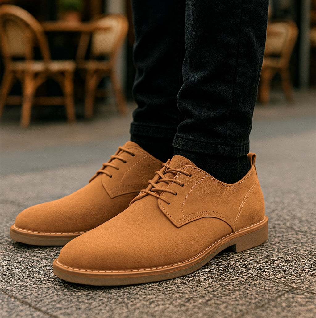 Popps JONAS Mens Suede Desert Shoes in Cognac, worn with black jeans at a cafe terrace