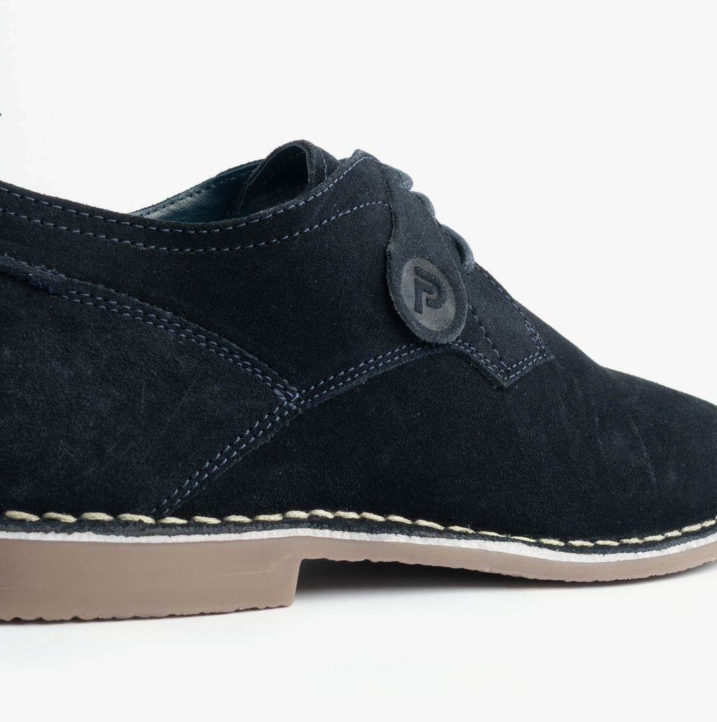 Popps JONAS Mens Suede Desert Shoes in Navy, close-up of the side and sole edge